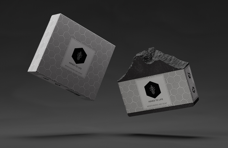 El diseño de los jabones cosméticos ecológicos de ceniza están inspirados en los montes incendiados | ASHES TO LIFE El diseño de los Jabones cosméticos ecológicos de Ashes To Life se inspira en los montes incendiados. Superficies rugosas, cubiertas de ceniza, que conectan al consumidor con el producto y con el propósito de la firma.